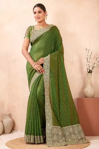 mehndi heavy zari box pallu embroidery work silk blend saree