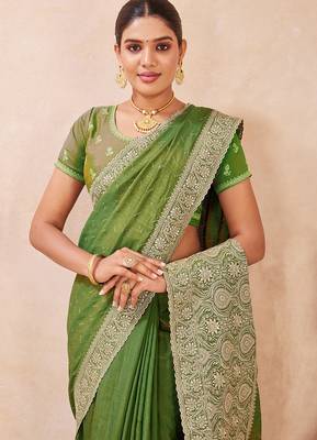 mehndi heavy zari box pallu embroidery work silk blend saree 4