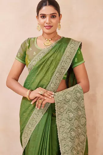 mehndi heavy zari box pallu embroidery work silk blend saree