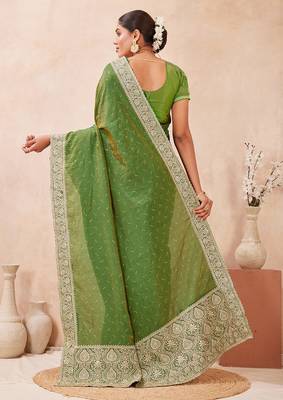 mehndi heavy zari box pallu embroidery work silk blend saree 5
