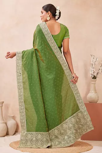 mehndi heavy zari box pallu embroidery work silk blend saree