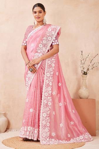 indian gajari resham sequins embroidery work silk blend saree