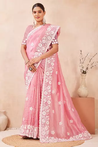 indian gajari resham sequins embroidery work silk blend saree