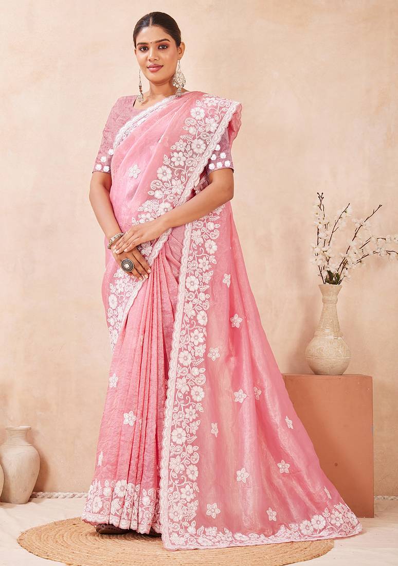 indian gajari resham sequins embroidery work silk blend saree