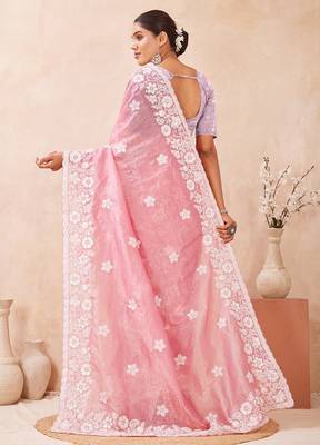 indian gajari resham sequins embroidery work silk blend saree 2