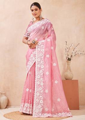 indian gajari resham sequins embroidery work silk blend saree 3