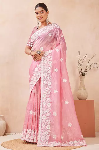 indian gajari resham sequins embroidery work silk blend saree