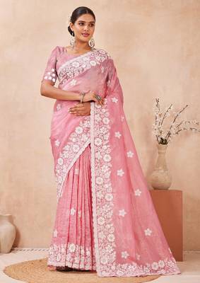 indian gajari resham sequins embroidery work silk blend saree 4