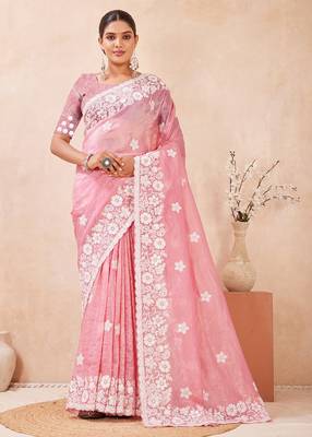 indian gajari resham sequins embroidery work silk blend saree 5