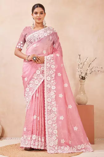 indian gajari resham sequins embroidery work silk blend saree