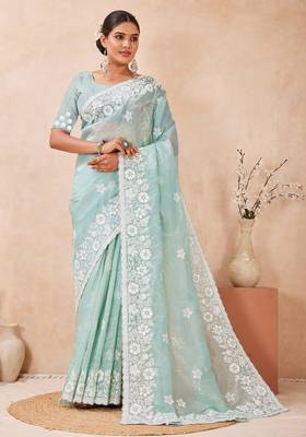 indian sea green resham sequins embroidery work silk blend saree 1