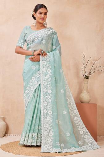 indian sea green resham sequins embroidery work silk blend saree