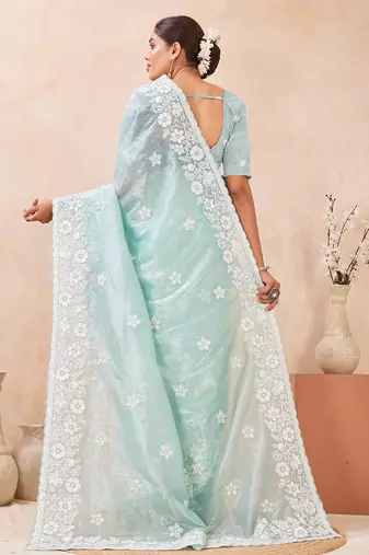 indian sea green resham sequins embroidery work silk blend saree