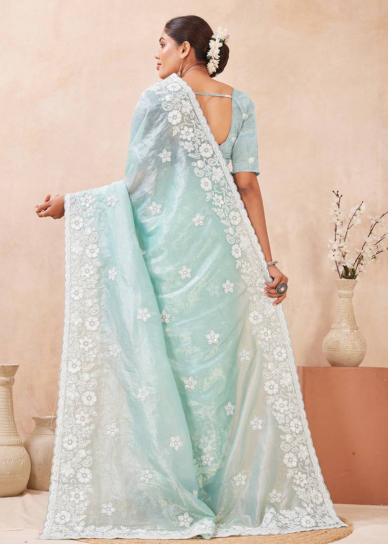indian sea green resham sequins embroidery work silk blend saree