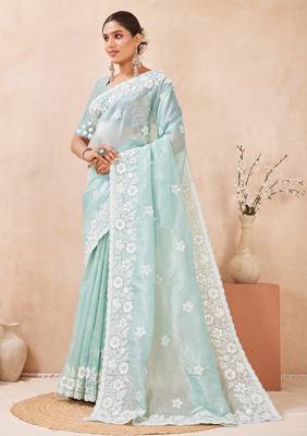 indian sea green resham sequins embroidery work silk blend saree 3