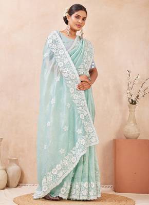 indian sea green resham sequins embroidery work silk blend saree 4