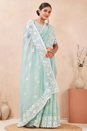 indian sea green resham sequins embroidery work silk blend saree