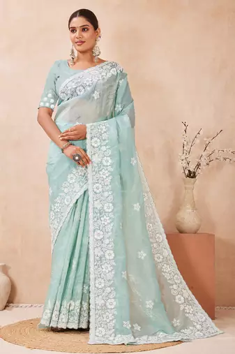 indian sea green resham sequins embroidery work silk blend saree