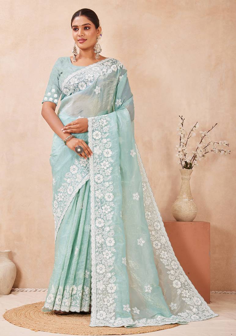 indian sea green resham sequins embroidery work silk blend saree