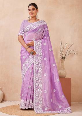 indian Voilet resham sequins embroidery work silk blend saree 1