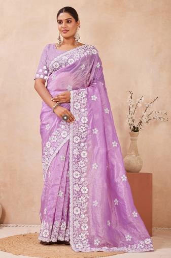 indian Voilet resham sequins embroidery work silk blend saree