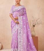 indian Voilet resham sequins embroidery work silk blend saree