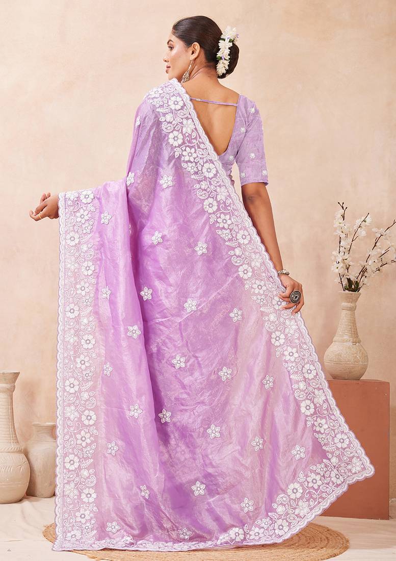 indian Voilet resham sequins embroidery work silk blend saree