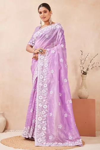 indian Voilet resham sequins embroidery work silk blend saree