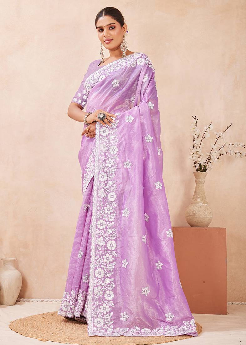 indian Voilet resham sequins embroidery work silk blend saree