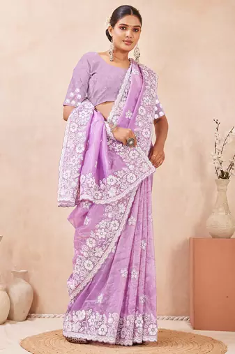 indian Voilet resham sequins embroidery work silk blend saree