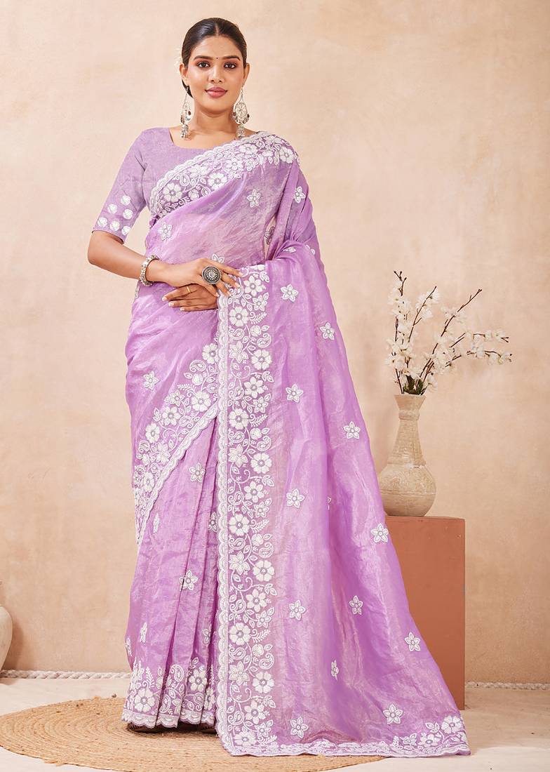 indian Voilet resham sequins embroidery work silk blend saree
