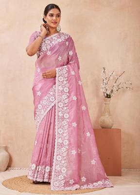 indian dusty pink resham sequins embroidery work silk blend saree 1