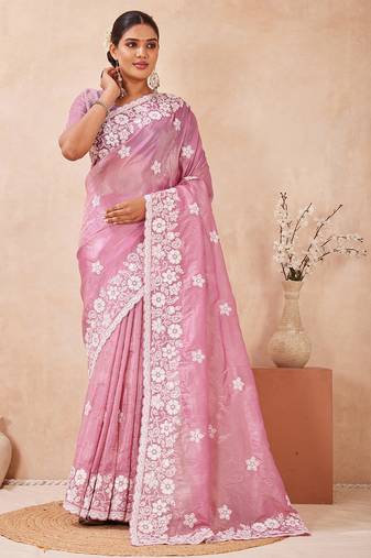 indian dusty pink resham sequins embroidery work silk blend saree