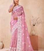 indian dusty pink resham sequins embroidery work silk blend saree