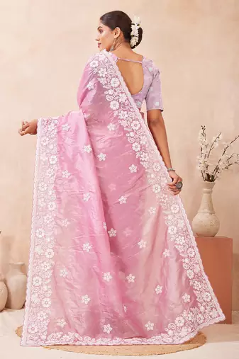 indian dusty pink resham sequins embroidery work silk blend saree