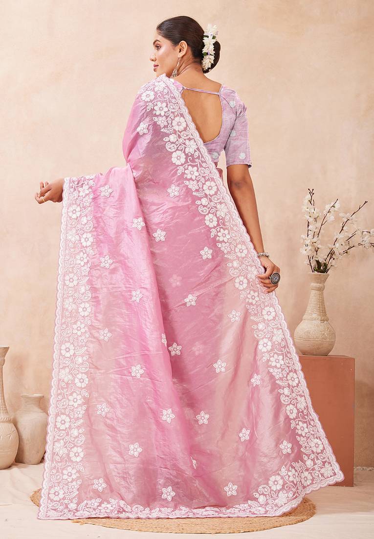 indian dusty pink resham sequins embroidery work silk blend saree