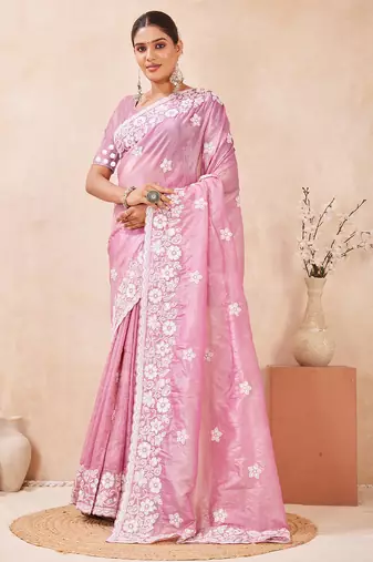 indian dusty pink resham sequins embroidery work silk blend saree