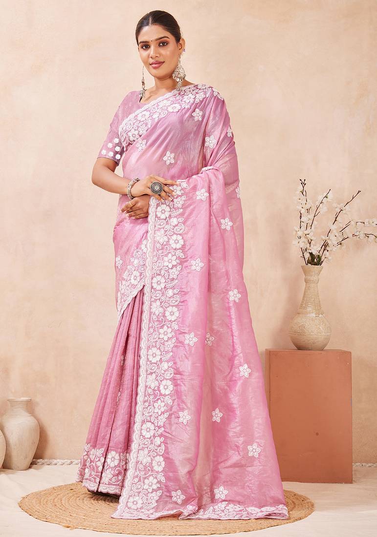 indian dusty pink resham sequins embroidery work silk blend saree