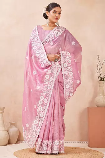 indian dusty pink resham sequins embroidery work silk blend saree