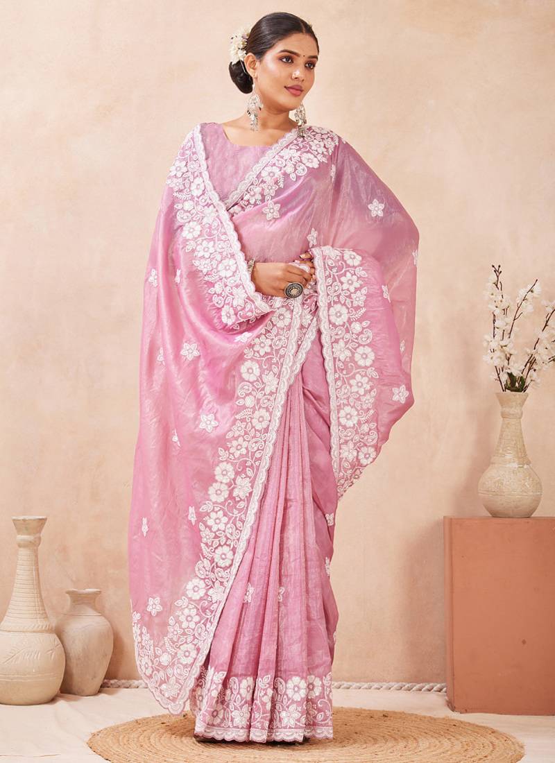 indian dusty pink resham sequins embroidery work silk blend saree