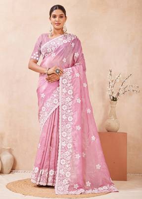 indian dusty pink resham sequins embroidery work silk blend saree 5