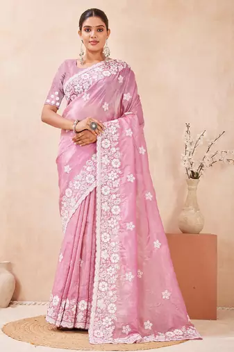 indian dusty pink resham sequins embroidery work silk blend saree
