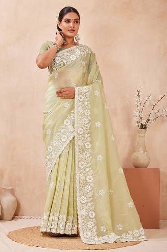 indian dusty pista resham sequins embroidery work silk blend saree