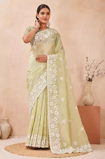 indian dusty pista resham sequins embroidery work silk blend saree