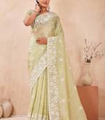 indian dusty pista resham sequins embroidery work silk blend saree
