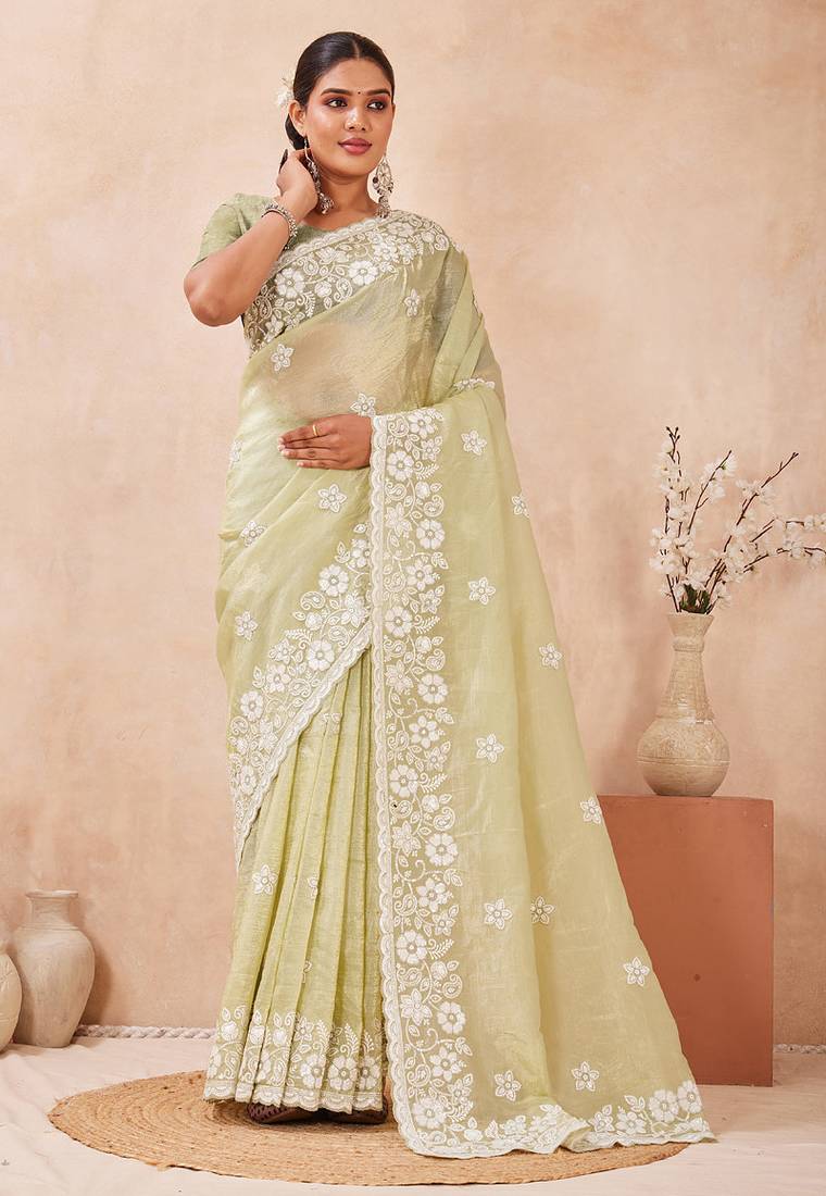indian dusty pista resham sequins embroidery work silk blend saree