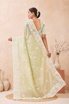 indian dusty pista resham sequins embroidery work silk blend saree 2