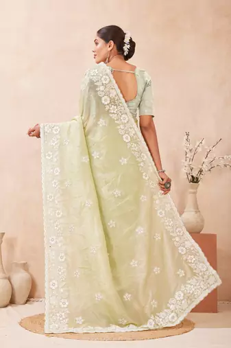 indian dusty pista resham sequins embroidery work silk blend saree