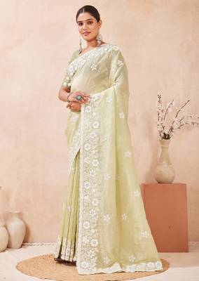 indian dusty pista resham sequins embroidery work silk blend saree 3