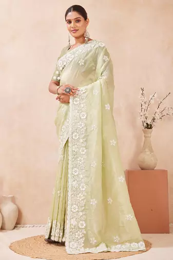 indian dusty pista resham sequins embroidery work silk blend saree